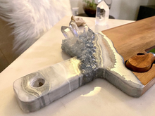Load image into Gallery viewer, Custom Order for Sharon - Silver & White Charcuterie Board w/ Celestite & Clear Quartz Crystals - 22" x 6" x 1.75"