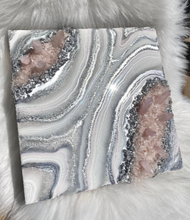 Load image into Gallery viewer, Silver & White Geode Wall Art w/ Rose Quartz Points - 12" x 12" x 3.75"