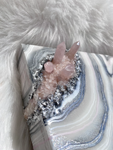 Load image into Gallery viewer, Silver & White Geode Wall Art w/ Rose Quartz Points - 12" x 12" x 3.75"