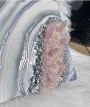 Load image into Gallery viewer, Silver & White Geode Wall Art w/ Rose Quartz Points - 12" x 12" x 3.75"