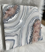 Load image into Gallery viewer, Silver & White Geode Wall Art w/ Rose Quartz Points - 12" x 12" x 3.75"