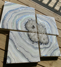 Load image into Gallery viewer, Large Silver & White Multi-panel Geode Wall Art w/ Clear Quartz Points - 28" x 28" x 4"
