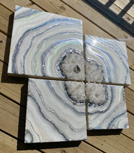Load image into Gallery viewer, Large Silver & White Multi-panel Geode Wall Art w/ Clear Quartz Points - 28" x 28" x 4"