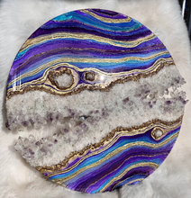 Load image into Gallery viewer, Large Turquoise, Purple, and Gold Geode Panel w/ Brazilian Amethyst & Quartz Points - 30" x 30" Round