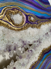 Load image into Gallery viewer, Large Turquoise, Purple, and Gold Geode Panel w/ Brazilian Amethyst & Quartz Points - 30" x 30" Round