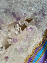 Load image into Gallery viewer, Large Turquoise, Purple, and Gold Geode Panel w/ Brazilian Amethyst & Quartz Points - 30" x 30" Round