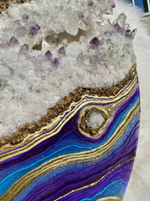 Load image into Gallery viewer, Large Turquoise, Purple, and Gold Geode Panel w/ Brazilian Amethyst & Quartz Points - 30" x 30" Round