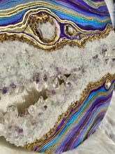 Load image into Gallery viewer, Large Turquoise, Purple, and Gold Geode Panel w/ Brazilian Amethyst & Quartz Points - 30" x 30" Round