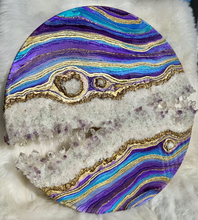Load image into Gallery viewer, Large Turquoise, Purple, and Gold Geode Panel w/ Brazilian Amethyst & Quartz Points - 30" x 30" Round