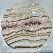 Load image into Gallery viewer, Large Gold & White Geode Panel w/ Rose & Clear Quartz Points - 30" x 30" Round