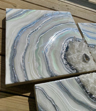 Load image into Gallery viewer, Large Silver & White Multi-panel Geode Wall Art w/ Clear Quartz Points - 28" x 28" x 4"