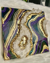 Load image into Gallery viewer, Purple, Green, & Gold Geode Wall Art w/ Brazilian Quartz Crystals - 12" x 12" x 4"