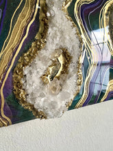 Load image into Gallery viewer, Purple, Green, & Gold Geode Wall Art w/ Brazilian Quartz Crystals - 12" x 12" x 4"