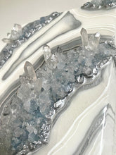 Load image into Gallery viewer, Silver & White Geode Wall Art w/ Blue Calcite & Brazilian Quartz Crystals - 10" x 10" x 4"