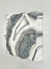 Load image into Gallery viewer, Silver & White Geode Wall Art w/ Blue Calcite & Brazilian Quartz Crystals - 10" x 10" x 4"