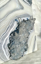 Load image into Gallery viewer, Silver & White Geode Wall Art w/ Blue Calcite & Brazilian Quartz Crystals - 10" x 10" x 4"