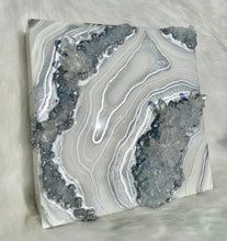 Load image into Gallery viewer, Silver & White Geode Wall Art w/ Blue Calcite & Brazilian Quartz Crystals - 10" x 10" x 4"