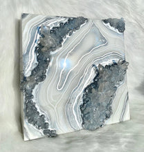 Load image into Gallery viewer, Silver & White Geode Wall Art w/ Blue Calcite & Brazilian Quartz Crystals - 10" x 10" x 4"