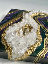 Load image into Gallery viewer, Purple, Green, & Gold Geode Wall Art w/ Brazilian Quartz Crystals - 12" x 12" x 4"
