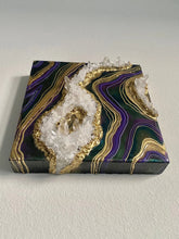 Load image into Gallery viewer, Purple, Green, & Gold Geode Wall Art w/ Brazilian Quartz Crystals - 12" x 12" x 4"