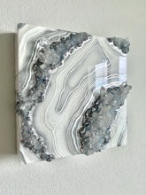 Load image into Gallery viewer, Silver & White Geode Wall Art w/ Blue Calcite & Brazilian Quartz Crystals - 10" x 10" x 4"