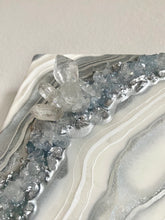 Load image into Gallery viewer, Silver & White Geode Wall Art w/ Blue Calcite & Brazilian Quartz Crystals - 10" x 10" x 4"