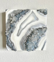 Load image into Gallery viewer, Silver & White Geode Wall Art w/ Blue Calcite & Brazilian Quartz Crystals - 10" x 10" x 4"