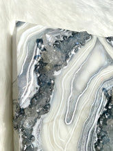Load image into Gallery viewer, Silver & White Geode Wall Art w/ Blue Calcite & Brazilian Quartz Crystals - 10" x 10" x 4"