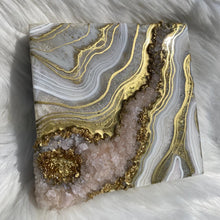 Load image into Gallery viewer, White & Gold Geode w/ Rose Quartz Crystals 10" x 10" x 3"