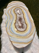Load image into Gallery viewer, Rainbow Moonstone Geode Coffee Table w/ Brazilian Quartz Points & Hairpin Legs - 48" x 24" x 18.5"