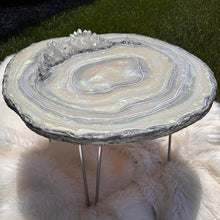 Load image into Gallery viewer, Mother of Pearl Geode Table w/ Brazilian Quartz Points & Chrome Hairpin Legs - 24"x 24"x 16.75"