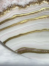 Load and play video in Gallery viewer, Large Gold & White Geode Panel w/ Rose & Clear Quartz Points - 30" x 30" Round