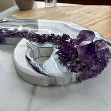 Load image into Gallery viewer, White Purple &amp; Silver Heart Shaped Bamboo Charcuterie Board - Amethyst
