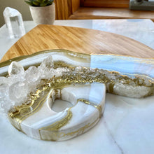 Load image into Gallery viewer, Gold & White Heart Shaped Bamboo Charcuterie Board - Clear Quartz