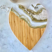 Load image into Gallery viewer, Gold & White Heart Shaped Bamboo Charcuterie Board - Clear Quartz