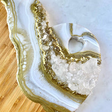 Load image into Gallery viewer, Gold & White Heart Shaped Bamboo Charcuterie Board - Clear Quartz