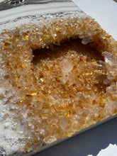 Load image into Gallery viewer, "Abundance" Epoxy, Citrine, & Quartz Crystals on Birch Panel 24" x 24" x 3"