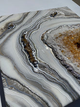 Load image into Gallery viewer, "Abundance" Epoxy, Citrine, & Quartz Crystals on Birch Panel 24" x 24" x 3"