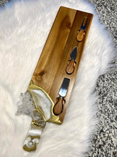 Load image into Gallery viewer, Gold & White Charcuterie Board w/ Brazilian Quartz Crystals & Stainless Steel Knives - 22" x 6" x 1.75"