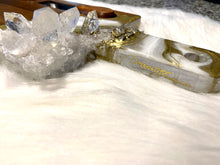 Load image into Gallery viewer, Gold & White Charcuterie Board w/ Brazilian Quartz Crystals & Stainless Steel Knives - 22" x 6" x 1.75"