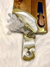 Load image into Gallery viewer, Gold & White Charcuterie Board w/ Brazilian Quartz Crystals & Stainless Steel Knives - 22" x 6" x 1.75"