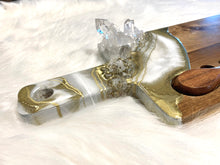 Load image into Gallery viewer, Gold & White Charcuterie Board w/ Brazilian Quartz Crystals & Stainless Steel Knives - 22" x 6" x 1.75"
