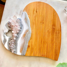 Load image into Gallery viewer, Silver & White Heart Shaped Bamboo Charcuterie Board - Rose & Clear Quartz