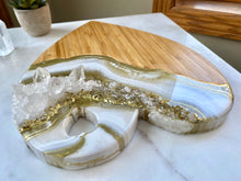 Load image into Gallery viewer, Gold & White Heart Shaped Bamboo Charcuterie Board - Clear Quartz