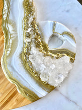 Load image into Gallery viewer, Gold & White Heart Shaped Bamboo Charcuterie Board - Clear Quartz