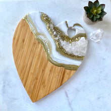 Load image into Gallery viewer, Gold &amp; White Heart Shaped Bamboo Charcuterie Board - Clear Quartz
