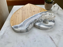 Load image into Gallery viewer, Silver & White Heart Shaped Bamboo Charcuterie Board - Clear Quartz