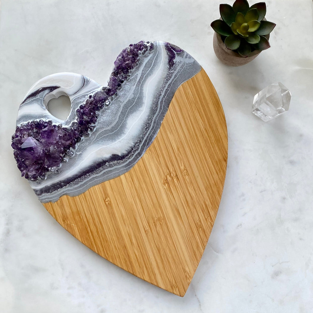 White Purple & Silver Heart Shaped Bamboo Charcuterie Board - Amethyst