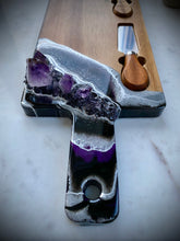Load image into Gallery viewer, Black & Silver Charcuterie Board w/ Amethyst Crystals - 22" x 6" x 1.75"