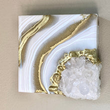 Load image into Gallery viewer, Gold & White Mini Geode with Clear Quartz 5" x 5" x 2.75"